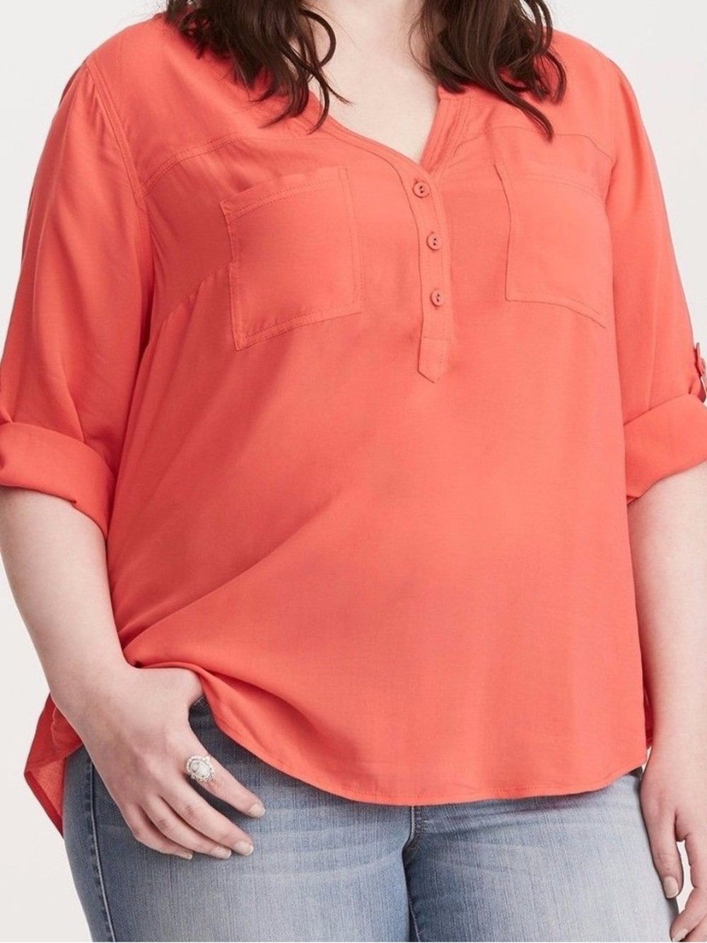 torrid Coral Henley Button-Front Roll-Sleeve Blouse